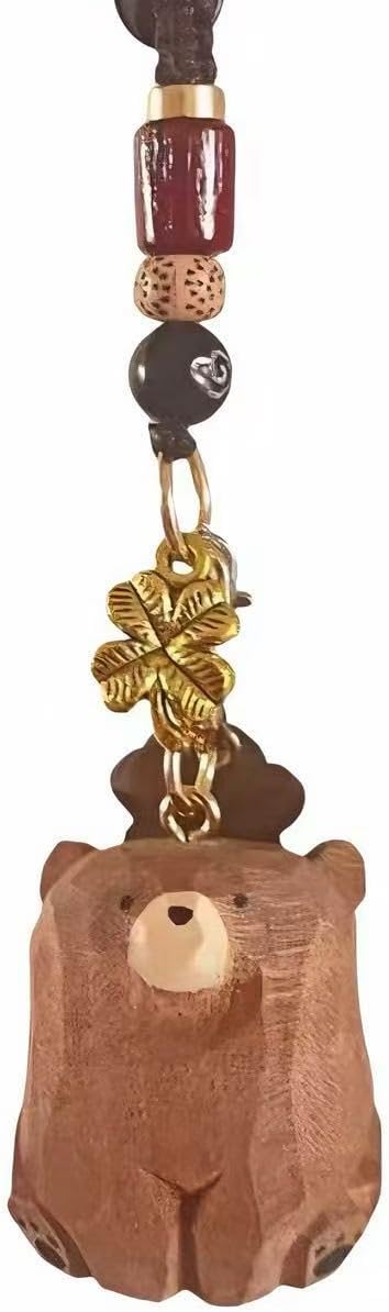 Handmade Wooden Bear Keychain with Lucky Clover Charm