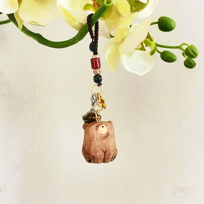 Handmade Wooden Bear Keychain with Lucky Clover Charm