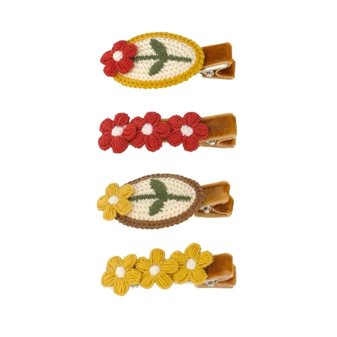 Set of 4 Crochet Flower Hair Clips in Red and Yellow