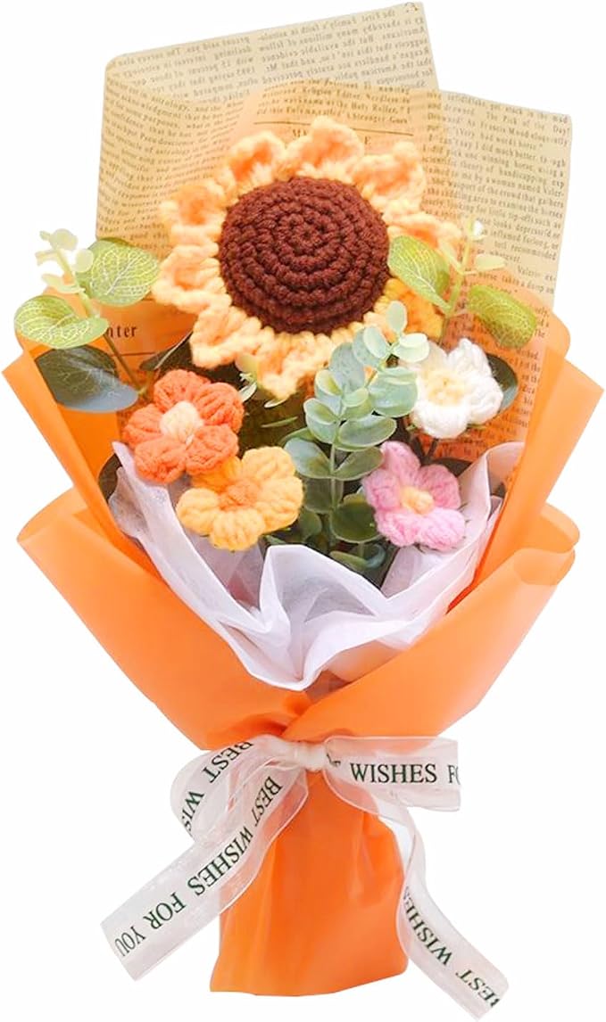 Orange Crochet Flower Bouquet – Handmade Sunflower & Daisies
