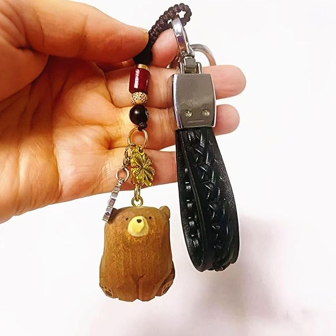 Handmade Wooden Bear Keychain with Lucky Clover Charm