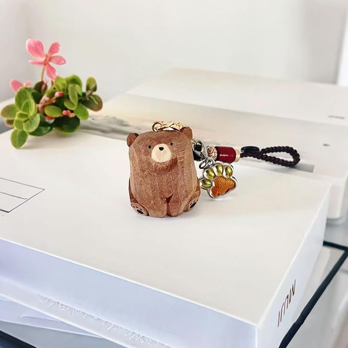 Handmade Wooden Bear Keychain with Lucky Clover Charm