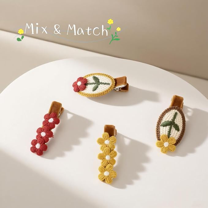 Set of 4 Crochet Flower Hair Clips in Red and Yellow