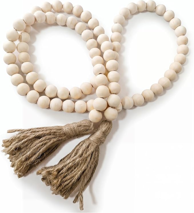 Natural Wooden Bead Garland with Tassel | Boho Farmhouse Decor