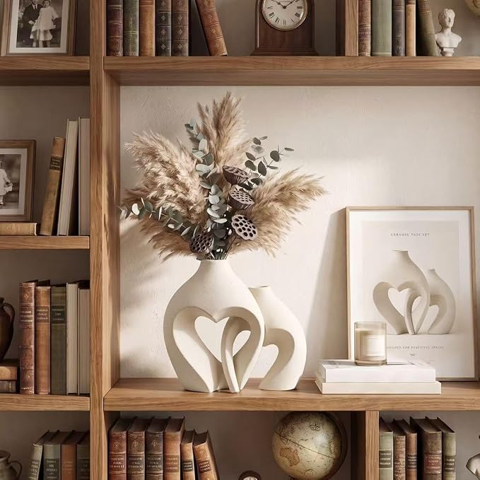 Set of 2 White Heart-Shaped Ceramic Vases for Home Decor