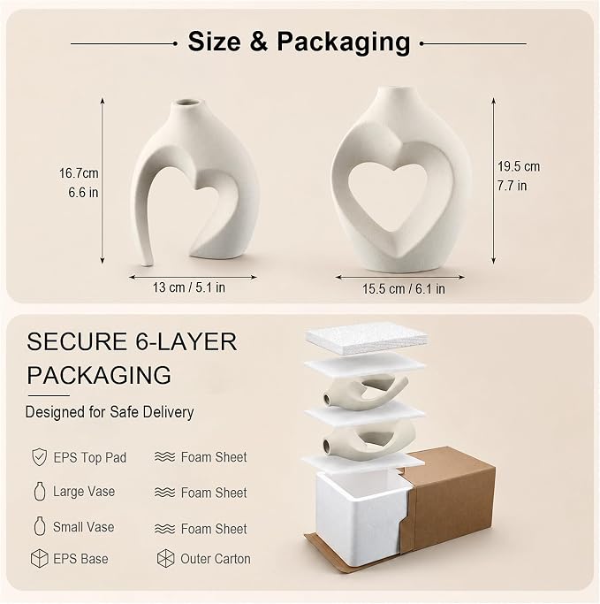 Set of 2 White Heart-Shaped Ceramic Vases for Home Decor