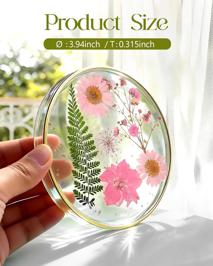 Set of 4 Floral Resin Drink Coasters with Gold Edges