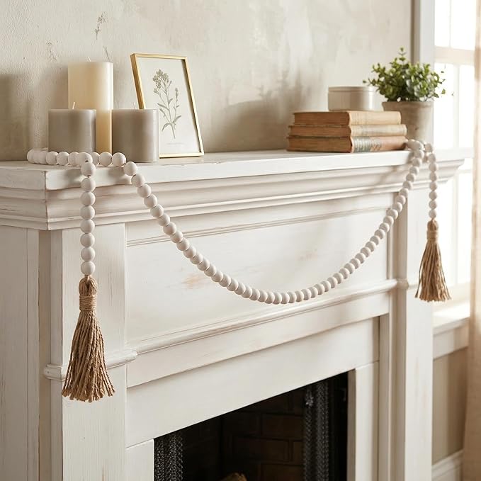 Natural Wooden Bead Garland with Tassel | Boho Farmhouse Decor