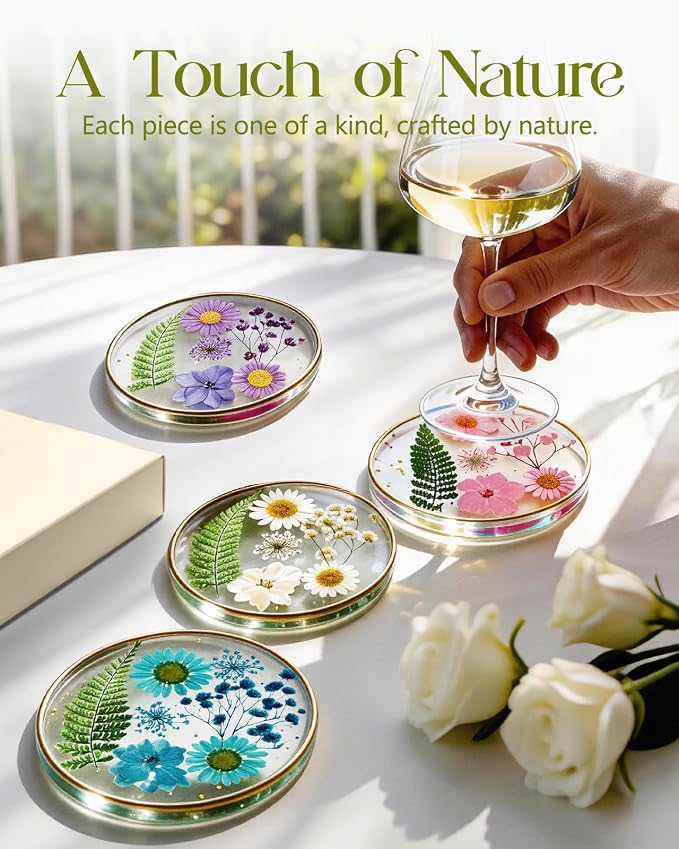Set of 4 Floral Resin Drink Coasters with Gold Edges