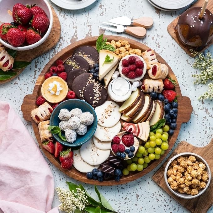 Round Acacia Wood Serving Tray with Raised Rim and Handles