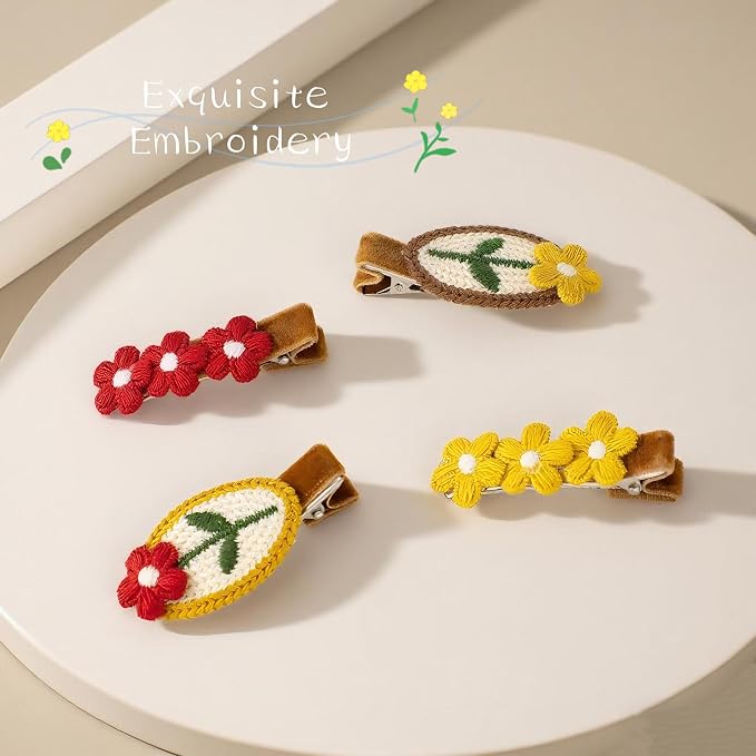 Set of 4 Crochet Flower Hair Clips in Red and Yellow