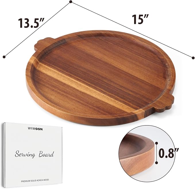 Round Acacia Wood Serving Tray with Raised Rim and Handles