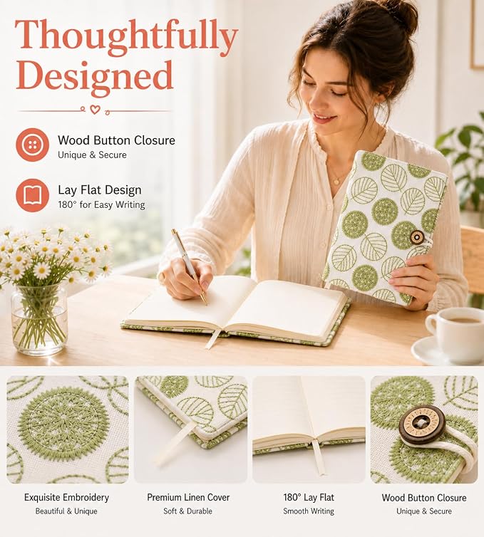 A5 Green Botanical Embroidered Journal – 224 Lined Pages