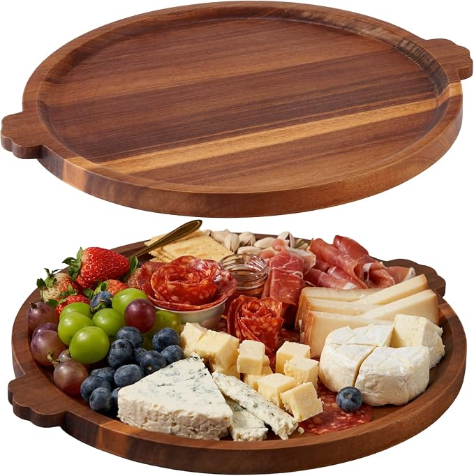 Round Acacia Wood Serving Tray with Raised Rim and Handles