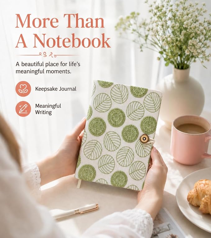 A5 Green Botanical Embroidered Journal – 224 Lined Pages