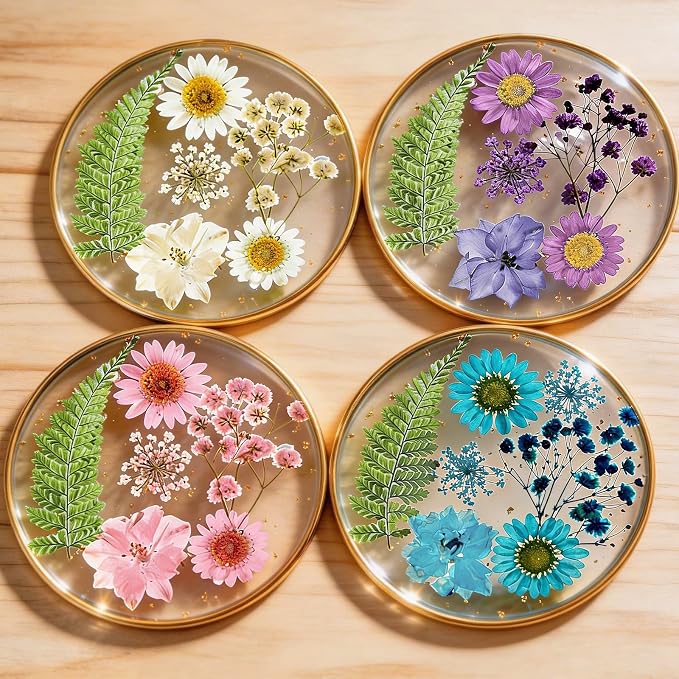 Set of 4 Floral Resin Drink Coasters with Gold Edges