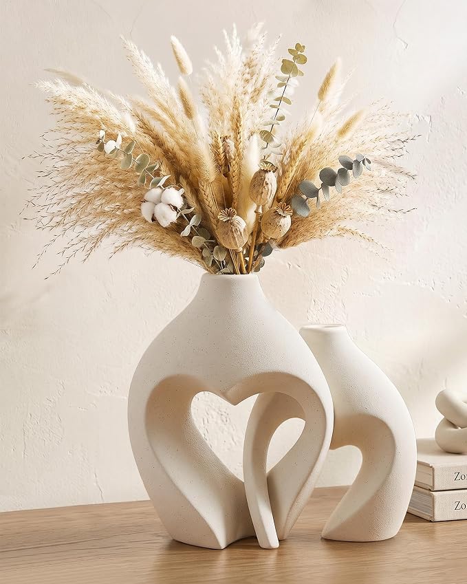 Set of 2 White Heart-Shaped Ceramic Vases for Home Decor