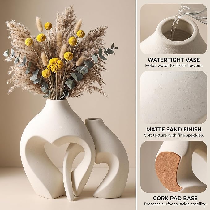 Set of 2 White Heart-Shaped Ceramic Vases for Home Decor
