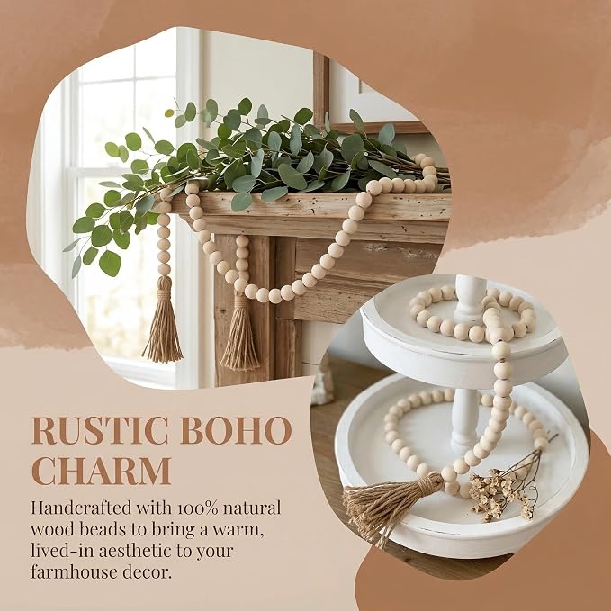 Natural Wooden Bead Garland with Tassel | Boho Farmhouse Decor
