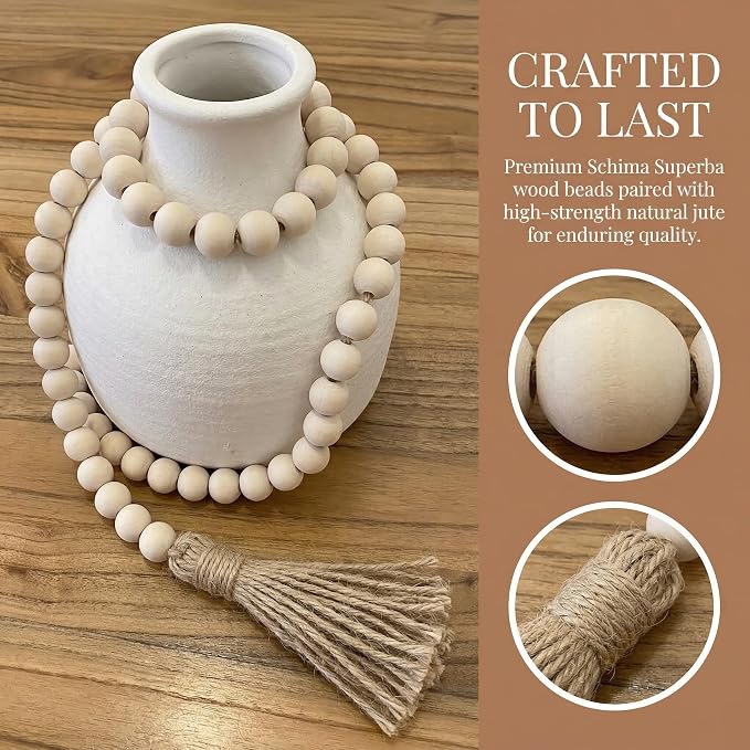 Natural Wooden Bead Garland with Tassel | Boho Farmhouse Decor