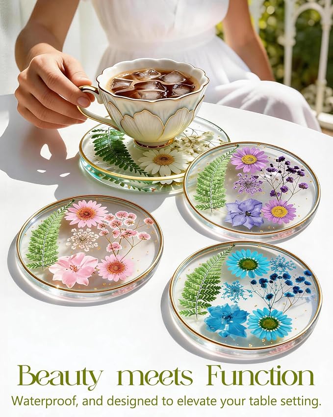 Set of 4 Floral Resin Drink Coasters with Gold Edges