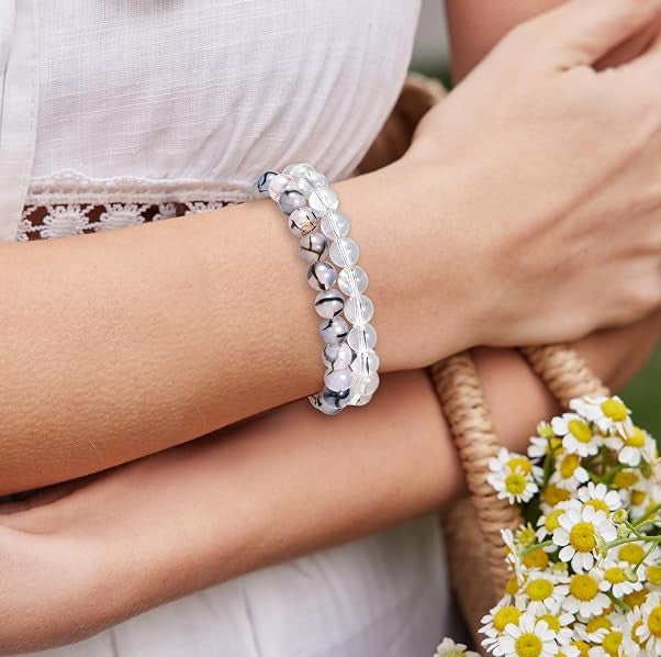 Natural Crystal and Agate Beaded Stretch Bracelet
