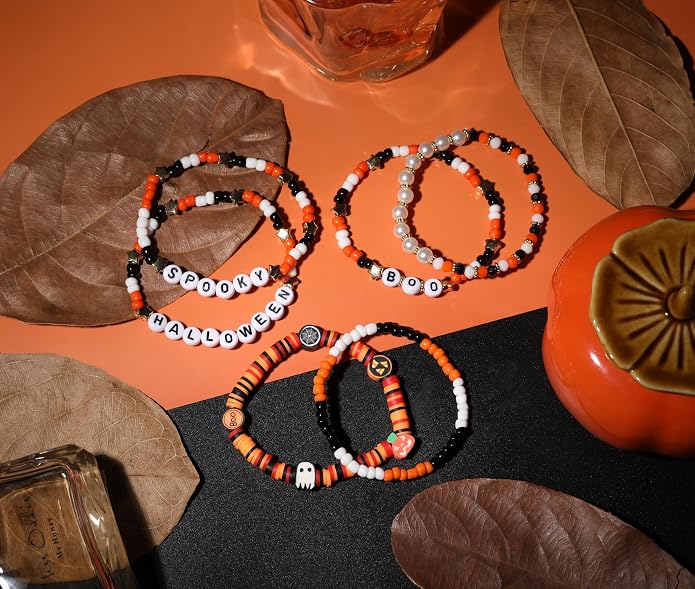 Set of 6 Halloween Beaded Stretch Bracelets for Women