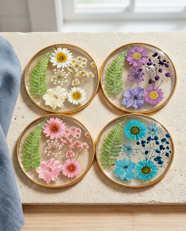 Set of 4 Floral Resin Drink Coasters with Gold Edges