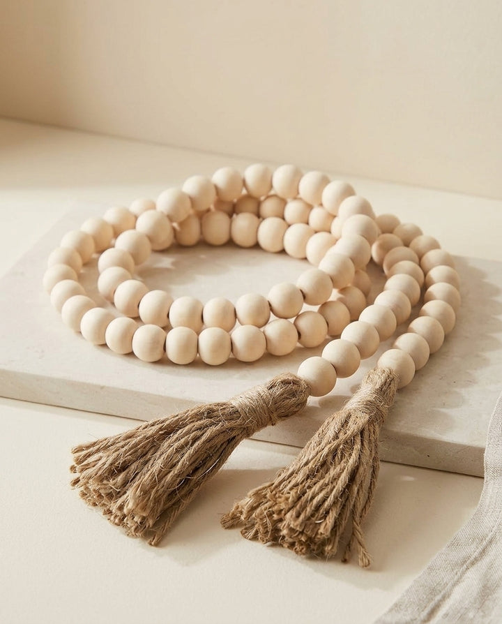Natural Wooden Bead Garland with Tassel | Boho Farmhouse Decor