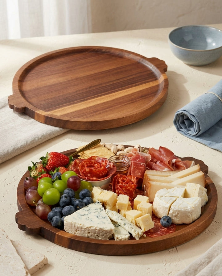 Round Acacia Wood Serving Tray with Raised Rim and Handles