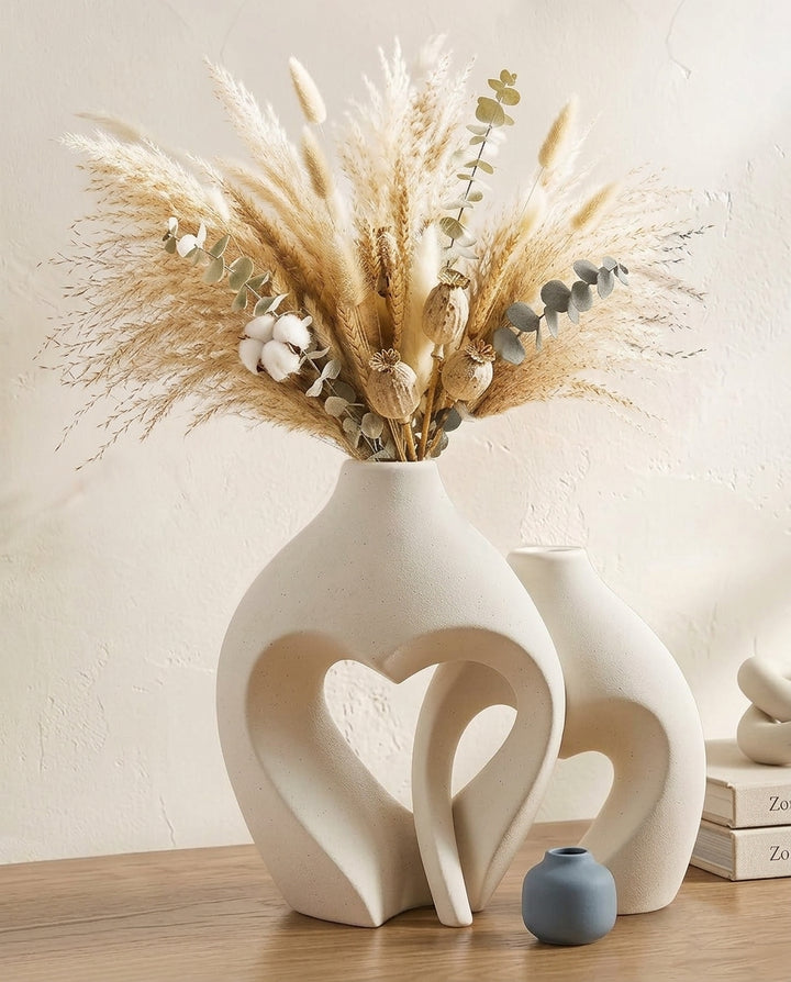 Set of 2 White Heart-Shaped Ceramic Vases for Home Decor