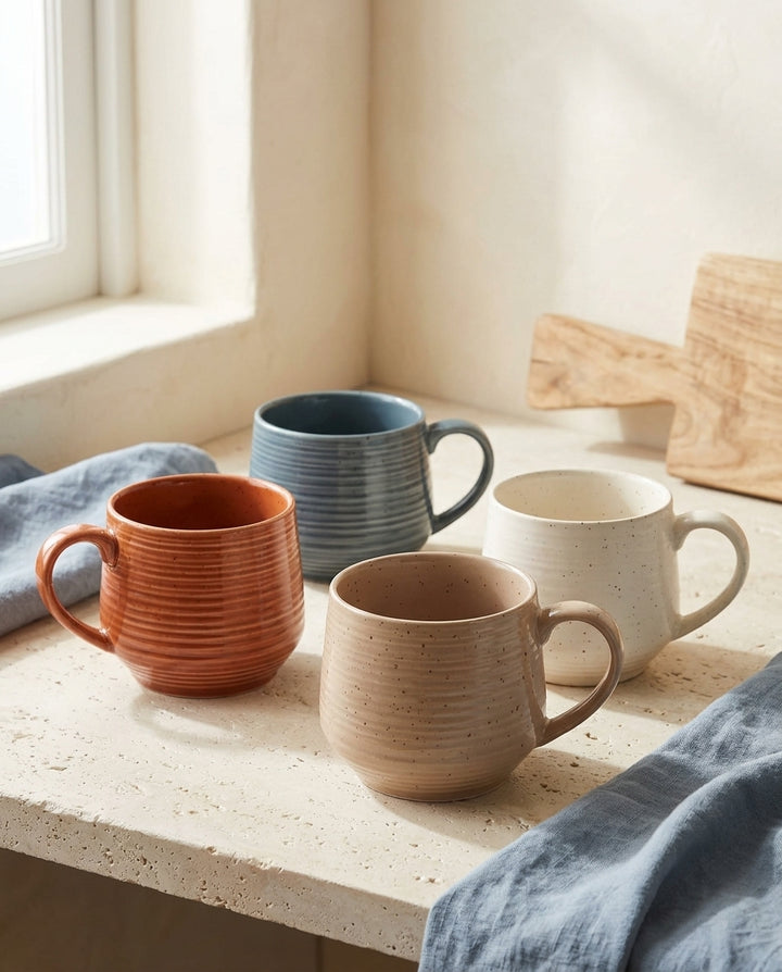 Set of 4 Rustic Stoneware Coffee Mugs 17.5 oz