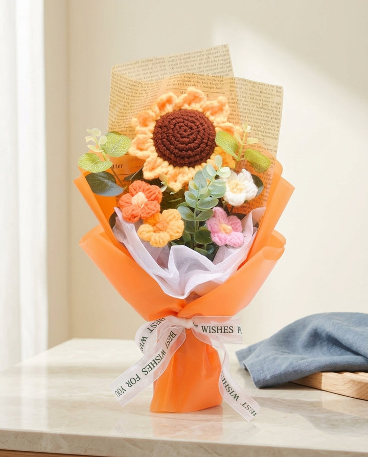 Orange Crochet Flower Bouquet – Handmade Sunflower & Daisies