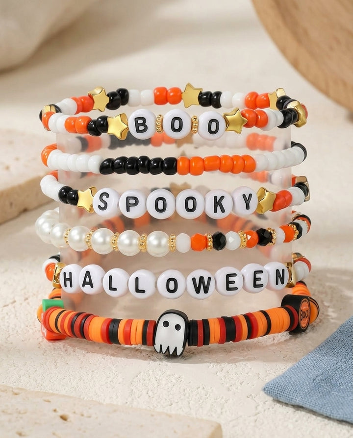 Set of 6 Halloween Beaded Stretch Bracelets for Women