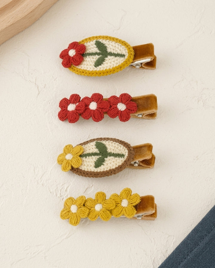 Set of 4 Crochet Flower Hair Clips in Red and Yellow