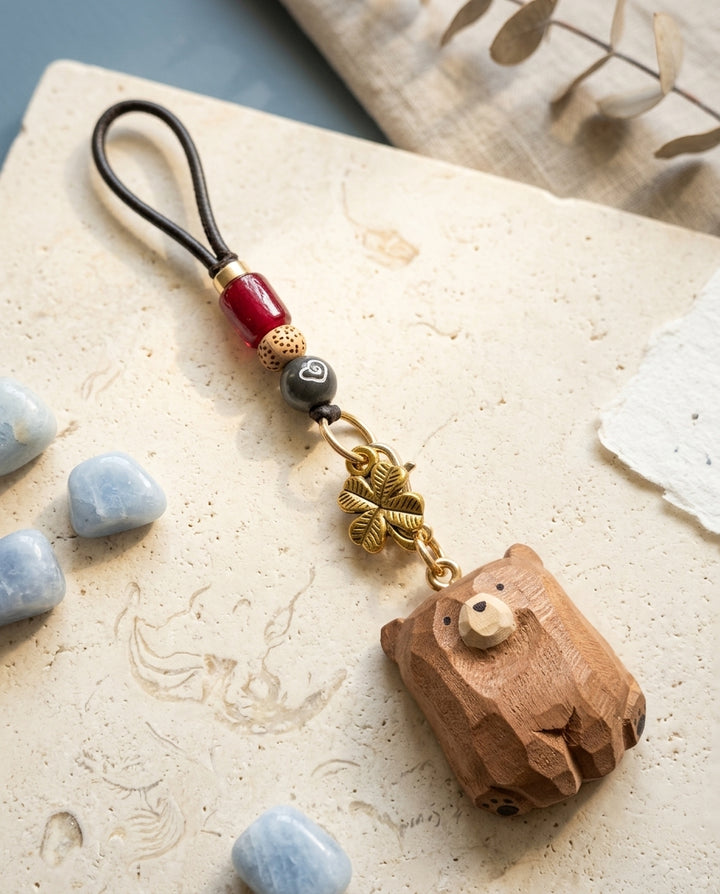Handmade Wooden Bear Keychain with Lucky Clover Charm